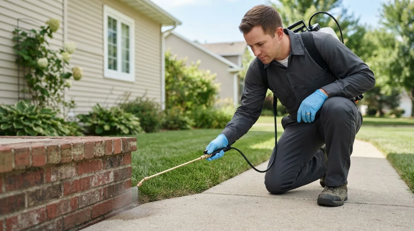 Pest control technician treating a home near Pittsfield, ME