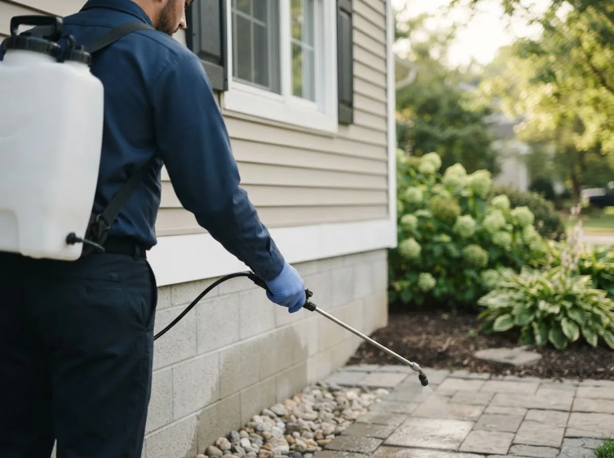 Pest control technician inspecting a home in Pittsfield, ME